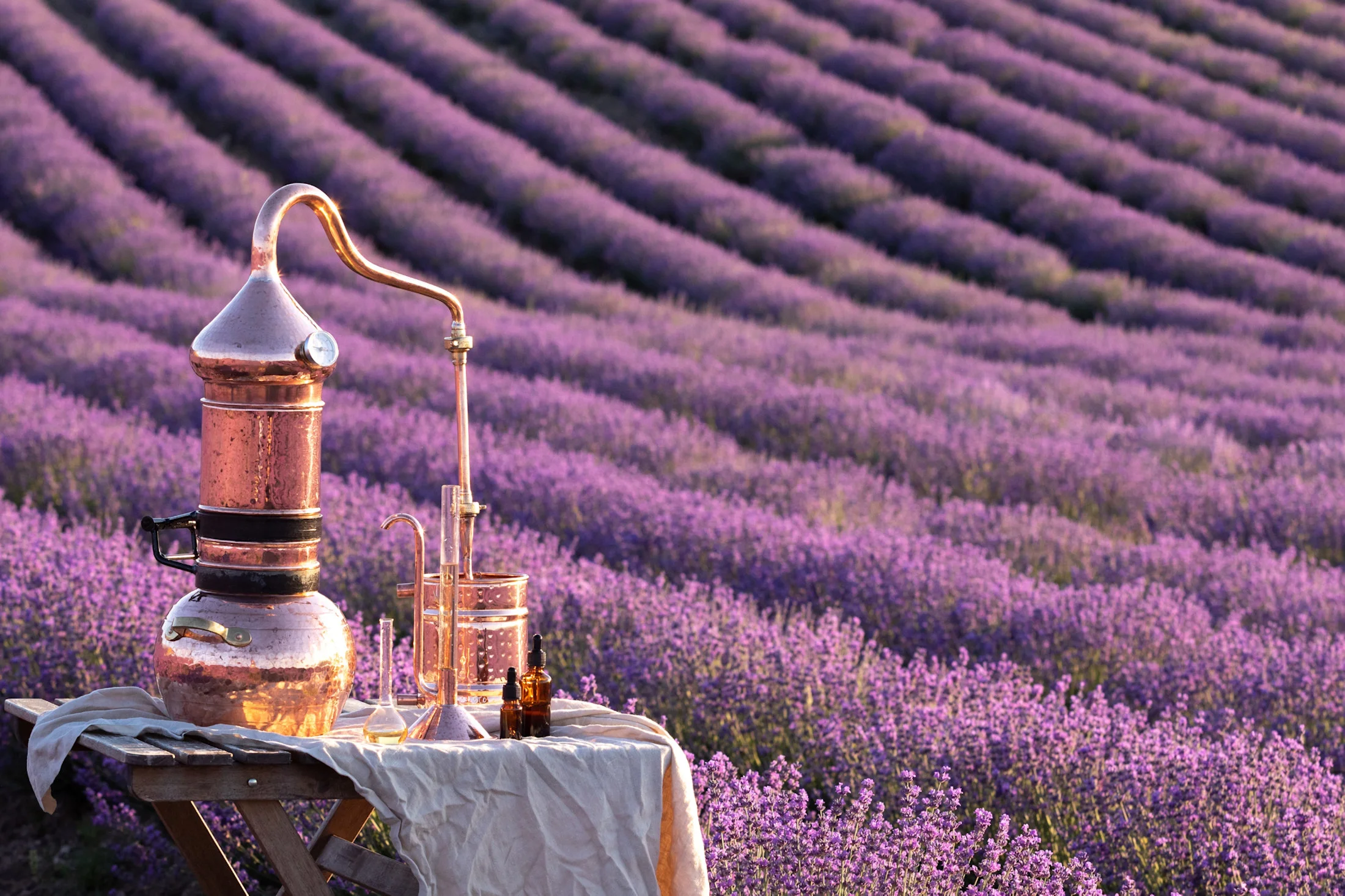 Im Vordergrund steht auf einen Tischchen eine kleine Destille. Im Hintergrund ist ein großen Lavendelfeld zu sehen