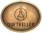 Das Logo vom DUFTKELLER zeigt im oberen Bereich symbolisch einen Erlenmeyerkolben, in dem eine Flüssigkeit dampft. Im unteren Bereich steht das Wort DUFTKELLER