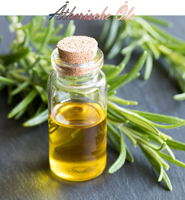 dekoratives Element für die Seminarbuchung "Ätherische Öle". Das Bild zeigt ein Fläschchen mit ätherischem Öl. Neben dem Fläschchen liegt Rosmarin.